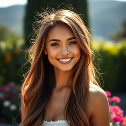 A stunning young woman with beautiful features, standing outdoors in soft, natural light