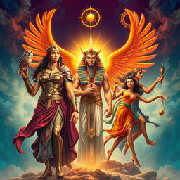 A powerful allegorical representation of Athena, Ra, and the Muses, each embodying their thematic qualities
