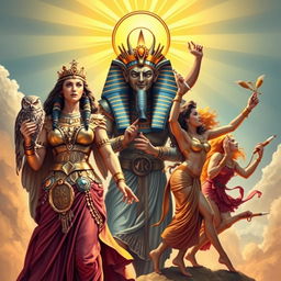 A powerful allegorical representation of Athena, Ra, and the Muses, each embodying their thematic qualities