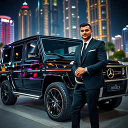 A stunning black G-Class Mercedes parked in a vibrant Dubai nightlife setting