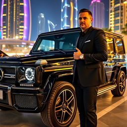 A stunning black G-Class Mercedes parked in a vibrant Dubai nightlife setting