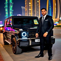 A stunning black G-Class Mercedes parked in a vibrant Dubai nightlife setting