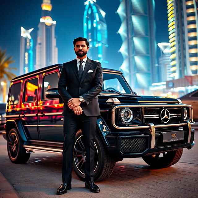 A stunning black G-Class Mercedes parked in a vibrant Dubai nightlife setting