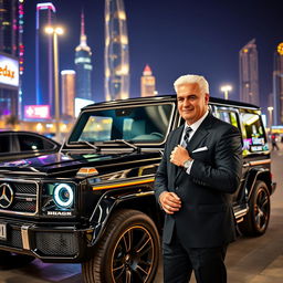 A striking black G-Class Mercedes parked in the lively Dubai nightlife