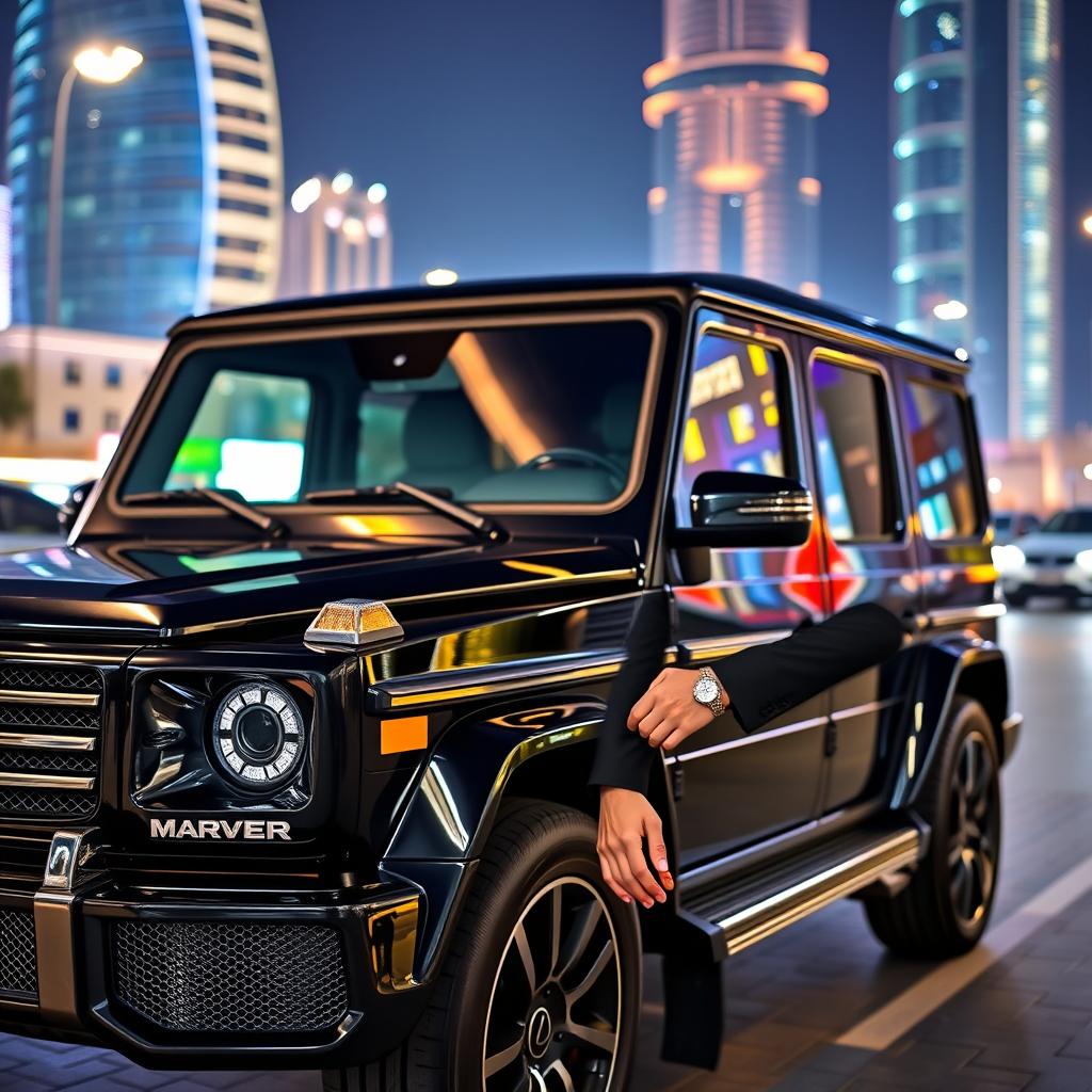 A striking black G-Class Mercedes parked in the lively Dubai nightlife