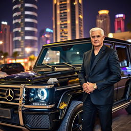 A striking black G-Class Mercedes parked in the lively Dubai nightlife