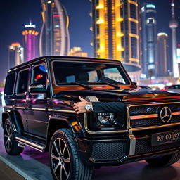 A striking black G-Class Mercedes parked in the lively Dubai nightlife