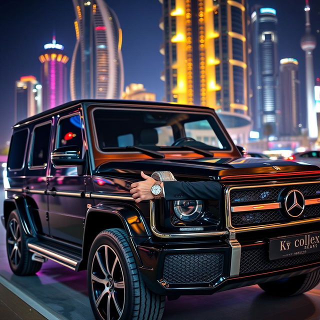 A striking black G-Class Mercedes parked in the lively Dubai nightlife