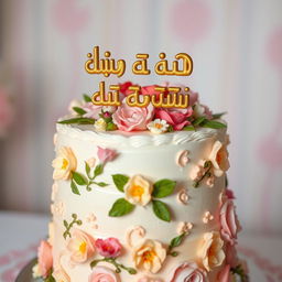 A beautifully decorated cake, featuring intricate floral designs, with the words "ارغوان شدنت مبارک عشق بابا" elegantly written on top in gold icing
