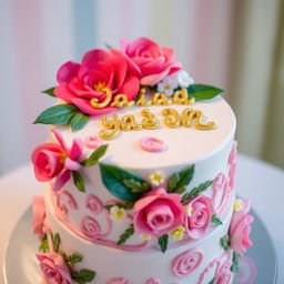 A beautifully decorated cake, featuring intricate floral designs, with the words "ارغوان شدنت مبارک عشق بابا" elegantly written on top in gold icing