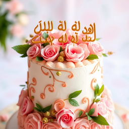 A beautifully decorated cake, featuring intricate floral designs, with the words "ارغوان شدنت مبارک عشق بابا" elegantly written on top in gold icing