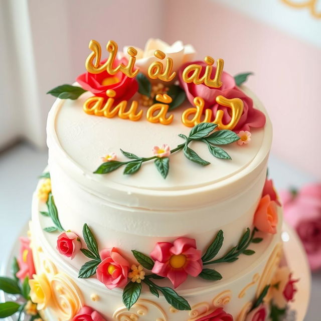 A beautifully decorated cake, featuring intricate floral designs, with the words "ارغوان شدنت مبارک عشق بابا" elegantly written on top in gold icing