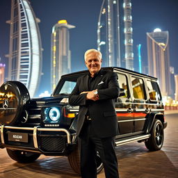 A striking black G-Class Mercedes parked against the backdrop of Dubai's dazzling nightlife