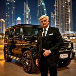 A striking black G-Class Mercedes parked against the backdrop of Dubai's dazzling nightlife