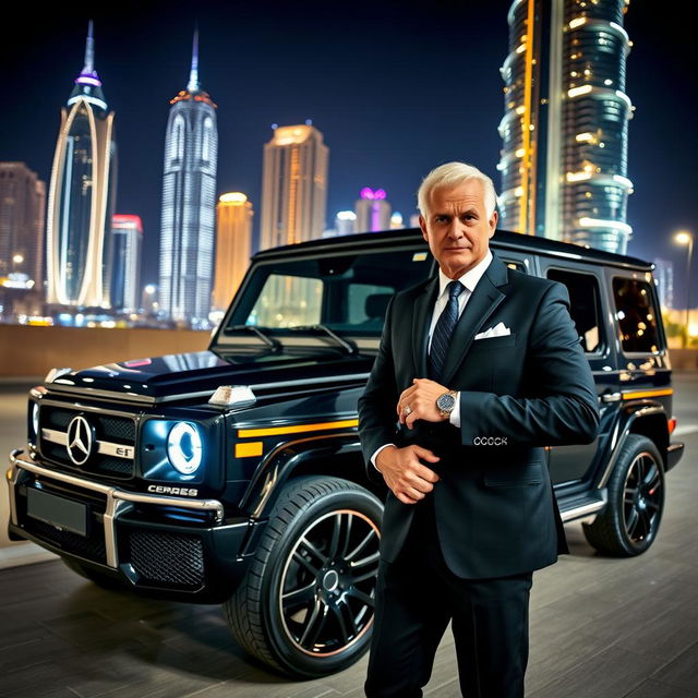 A striking black G-Class Mercedes parked against the backdrop of Dubai's dazzling nightlife