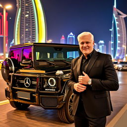 A striking black G-Class Mercedes parked against the backdrop of Dubai's dazzling nightlife