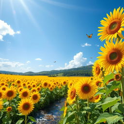 A bright and shining landscape featuring a vast, vibrant sunflower field under a clear blue sky, with sunlight streaming down, illuminating the flowers in stunning detail