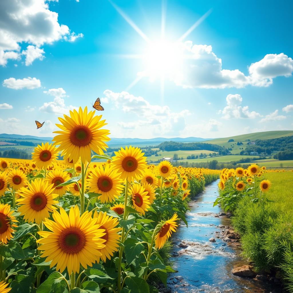 A bright and shining landscape featuring a vast, vibrant sunflower field under a clear blue sky, with sunlight streaming down, illuminating the flowers in stunning detail