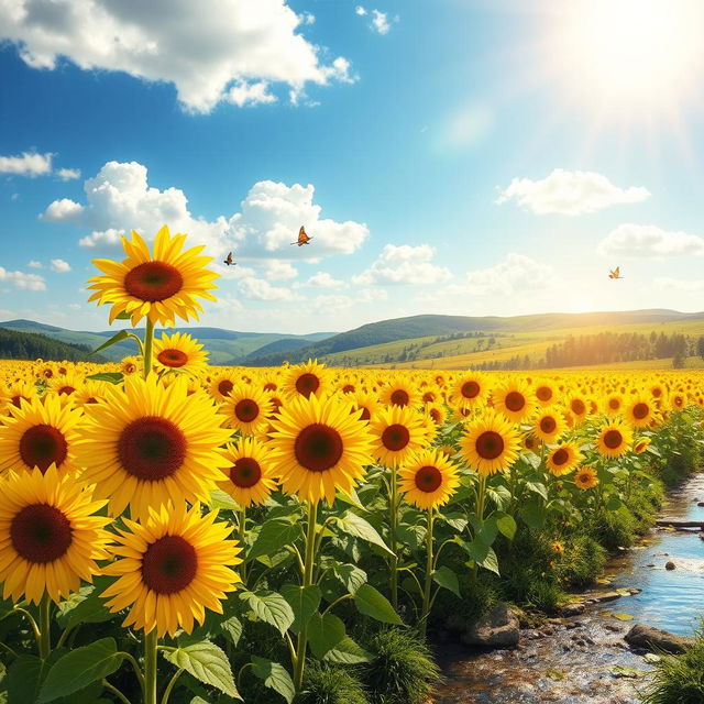 A bright and shining landscape featuring a vast, vibrant sunflower field under a clear blue sky, with sunlight streaming down, illuminating the flowers in stunning detail