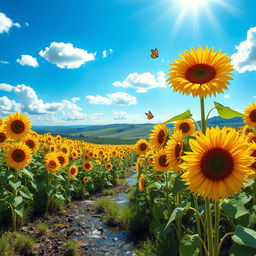 A bright and shining landscape featuring a vast, vibrant sunflower field under a clear blue sky, with sunlight streaming down, illuminating the flowers in stunning detail