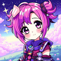 A vibrant and enchanting anime girl rendered in pixel art style, with big expressive eyes and colorful hair in shades of pink and purple