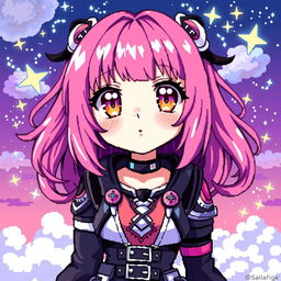 A vibrant and enchanting anime girl rendered in pixel art style, with big expressive eyes and colorful hair in shades of pink and purple