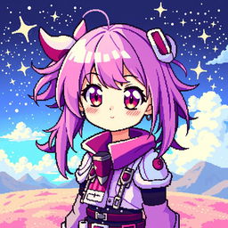 A vibrant and enchanting anime girl rendered in pixel art style, with big expressive eyes and colorful hair in shades of pink and purple