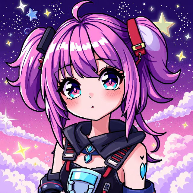 A vibrant and enchanting anime girl rendered in pixel art style, with big expressive eyes and colorful hair in shades of pink and purple