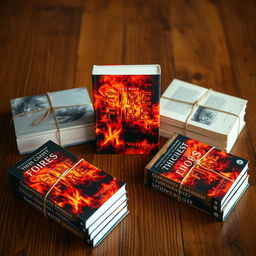 A creative layout of four bundles of books, with the main book standing upright in the center