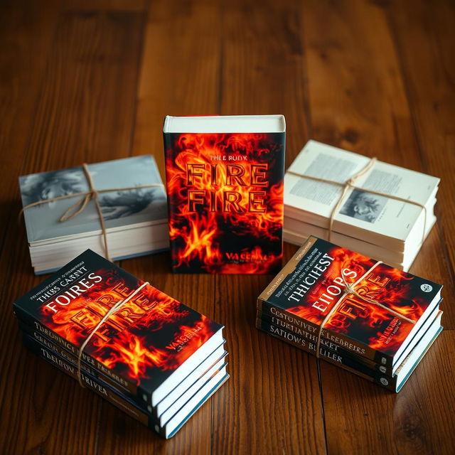 A creative layout of four bundles of books, with the main book standing upright in the center