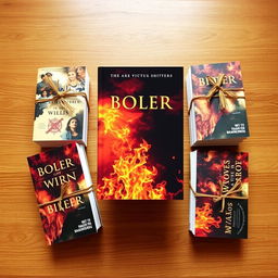 A creative layout of four bundles of books, with the main book standing upright in the center