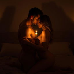 A passionate scene in a dimly lit bedroom, featuring two lovers wrapped in a lustful embrace