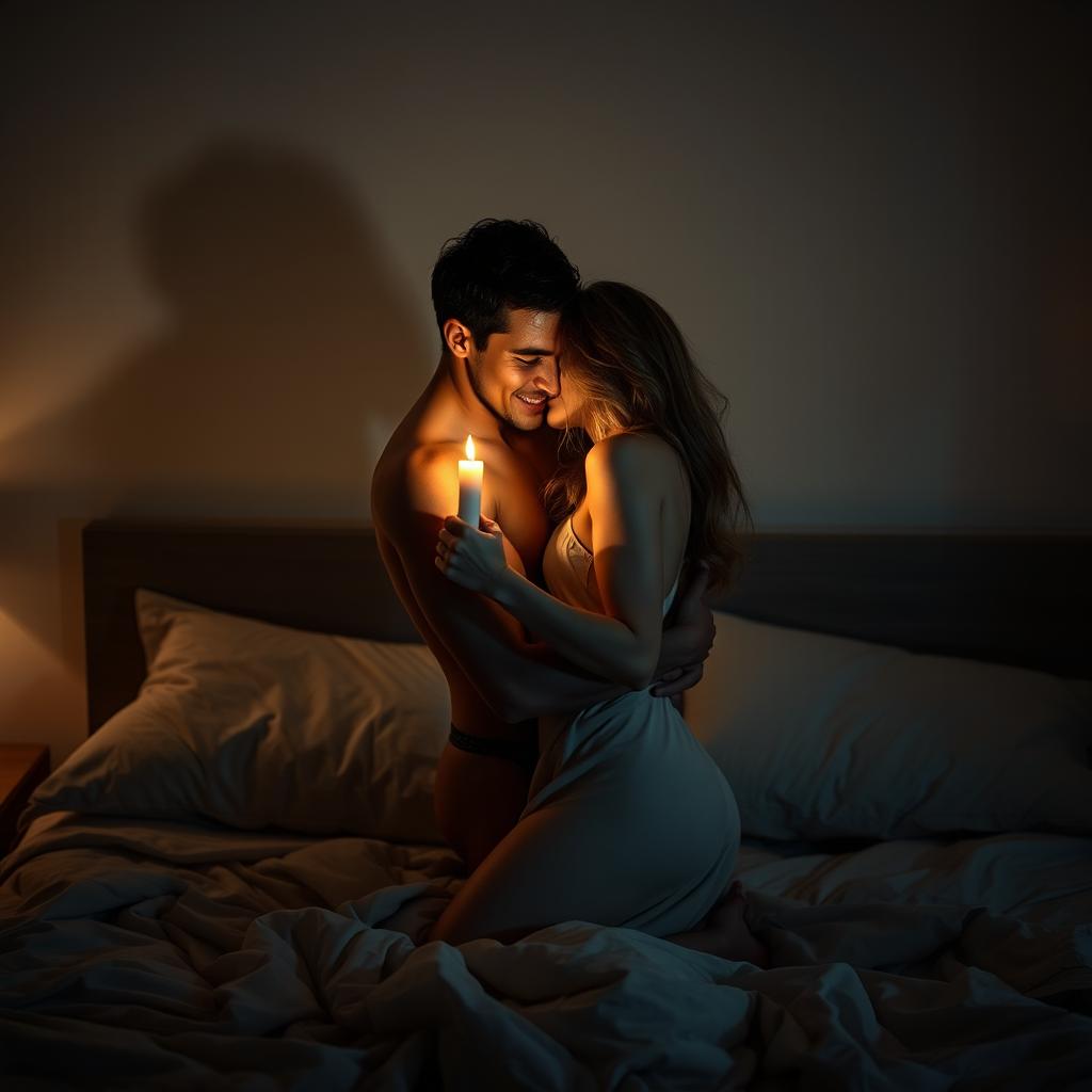 A passionate scene in a dimly lit bedroom, featuring two lovers wrapped in a lustful embrace