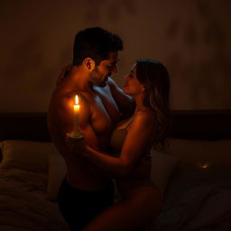A passionate scene in a dimly lit bedroom, featuring two lovers wrapped in a lustful embrace