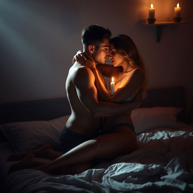 A passionate scene in a dimly lit bedroom, featuring two lovers wrapped in a lustful embrace