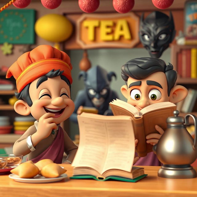 A vibrant 3D cartoon-style tea stall scene, featuring a cheerful character named Motu happily eating samosas