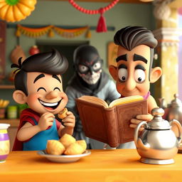 A vibrant 3D cartoon-style tea stall scene, featuring a cheerful character named Motu happily eating samosas