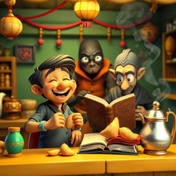 A vibrant 3D cartoon-style tea stall scene, featuring a cheerful character named Motu happily eating samosas