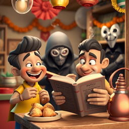 A vibrant 3D cartoon-style tea stall scene, featuring a cheerful character named Motu happily eating samosas