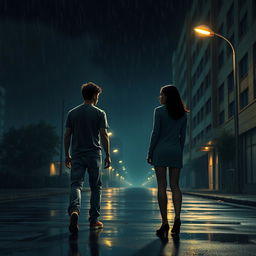 A scene depicting a young man walking away from a young woman on a deserted city street at night