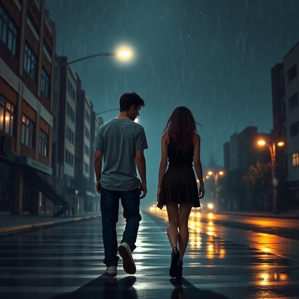 A scene depicting a young man walking away from a young woman on a deserted city street at night