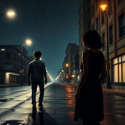 A scene depicting a young man walking away from a young woman on a deserted city street at night