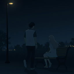 A solitary scene in a dark night, featuring a man in a casual outfit walking away from a bench where a girl is sitting