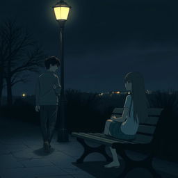 A solitary scene in a dark night, featuring a man in a casual outfit walking away from a bench where a girl is sitting
