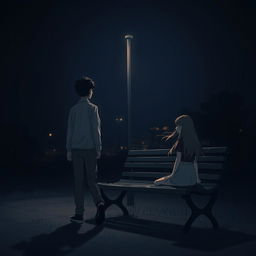 A solitary scene in a dark night, featuring a man in a casual outfit walking away from a bench where a girl is sitting