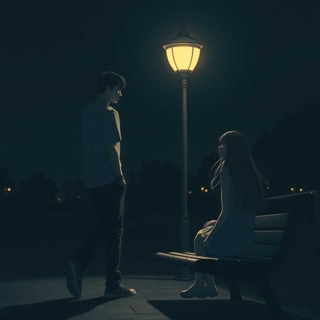 A solitary scene in a dark night, featuring a man in a casual outfit walking away from a bench where a girl is sitting