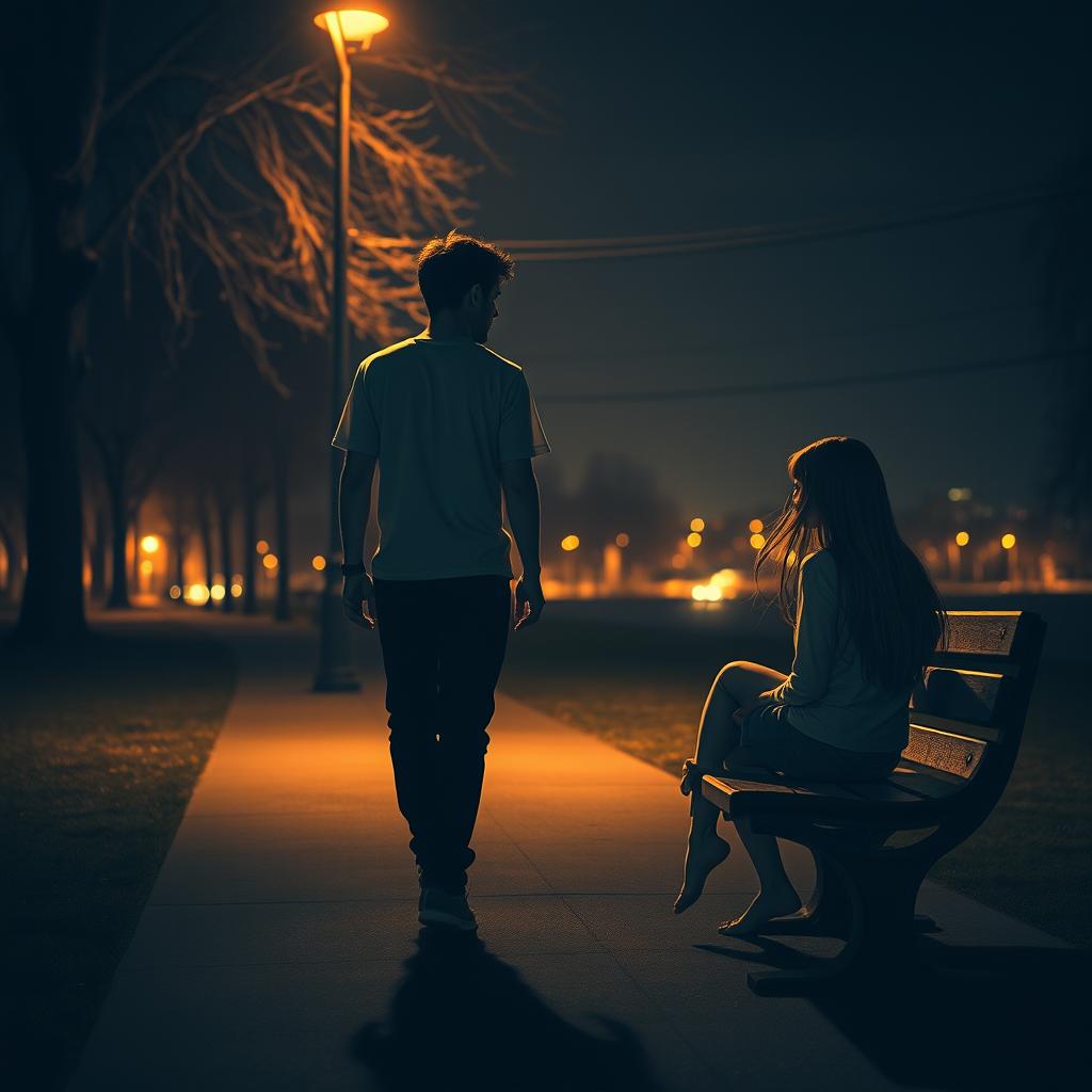 A hauntingly beautiful night scene depicting a man in a casual outfit walking away from a bench where a girl is sitting