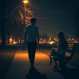 A hauntingly beautiful night scene depicting a man in a casual outfit walking away from a bench where a girl is sitting