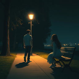 A hauntingly beautiful night scene depicting a man in a casual outfit walking away from a bench where a girl is sitting