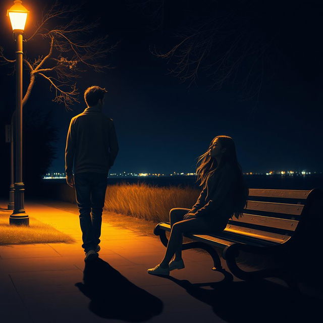 A hauntingly beautiful night scene depicting a man in a casual outfit walking away from a bench where a girl is sitting